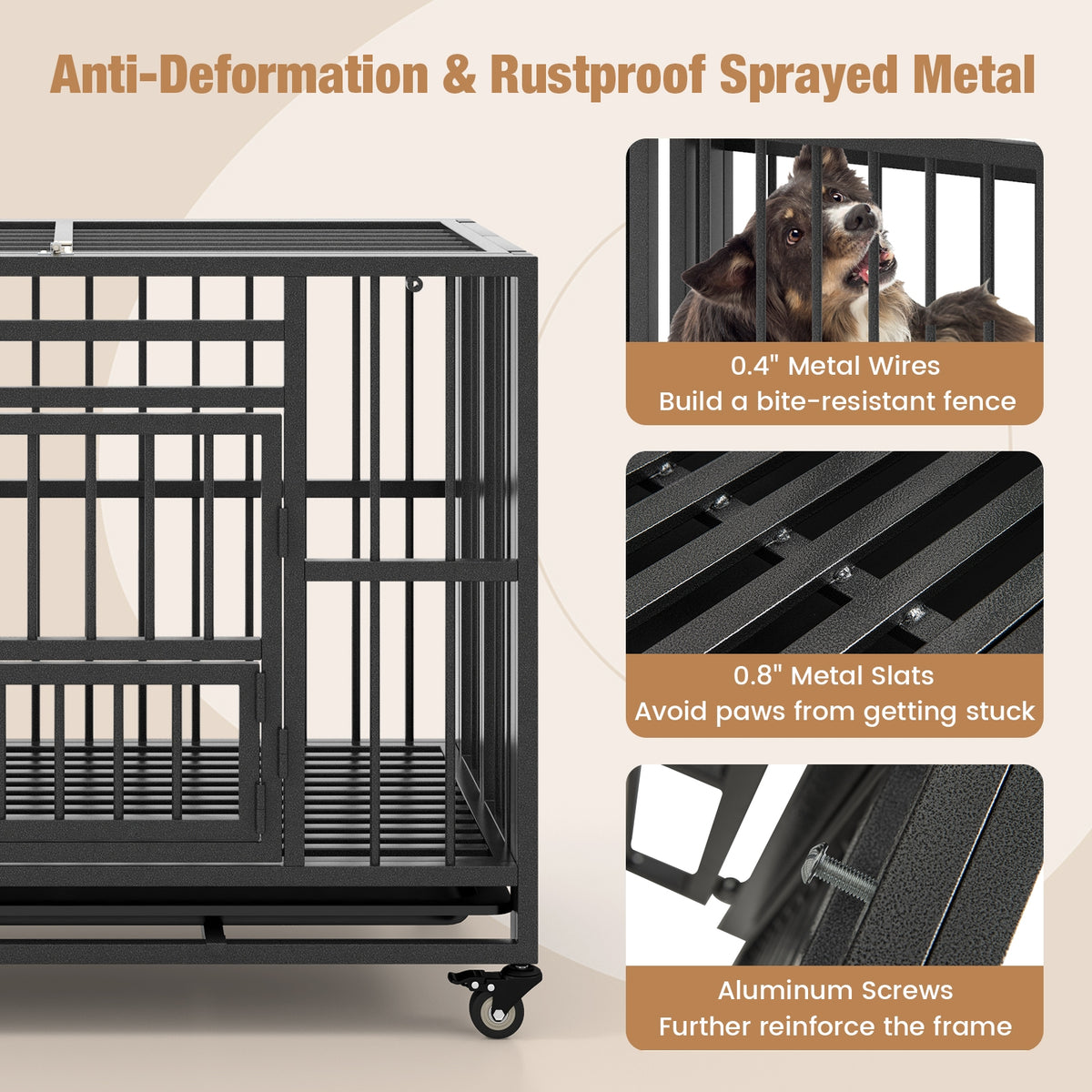 Foldable Heavy-Duty Metal Dog Cage Chew-proof Dog Crate with Lockable Universal Wheels-Dog Kennels-DECOROLALA
