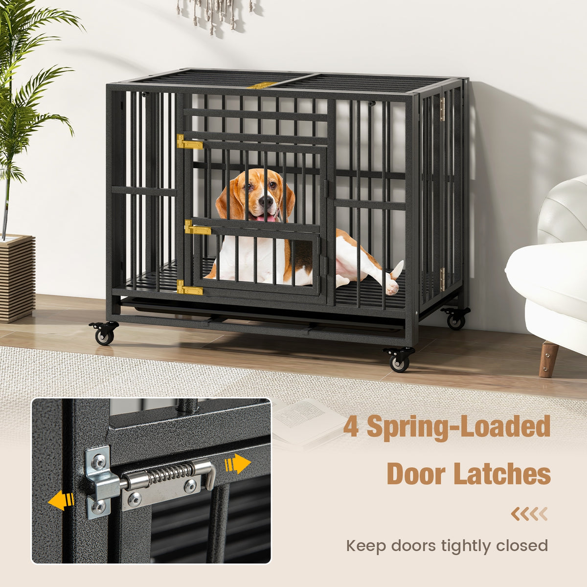 Foldable Heavy-Duty Metal Dog Cage Chew-proof Dog Crate with Lockable Universal Wheels-Dog Kennels-DECOROLALA