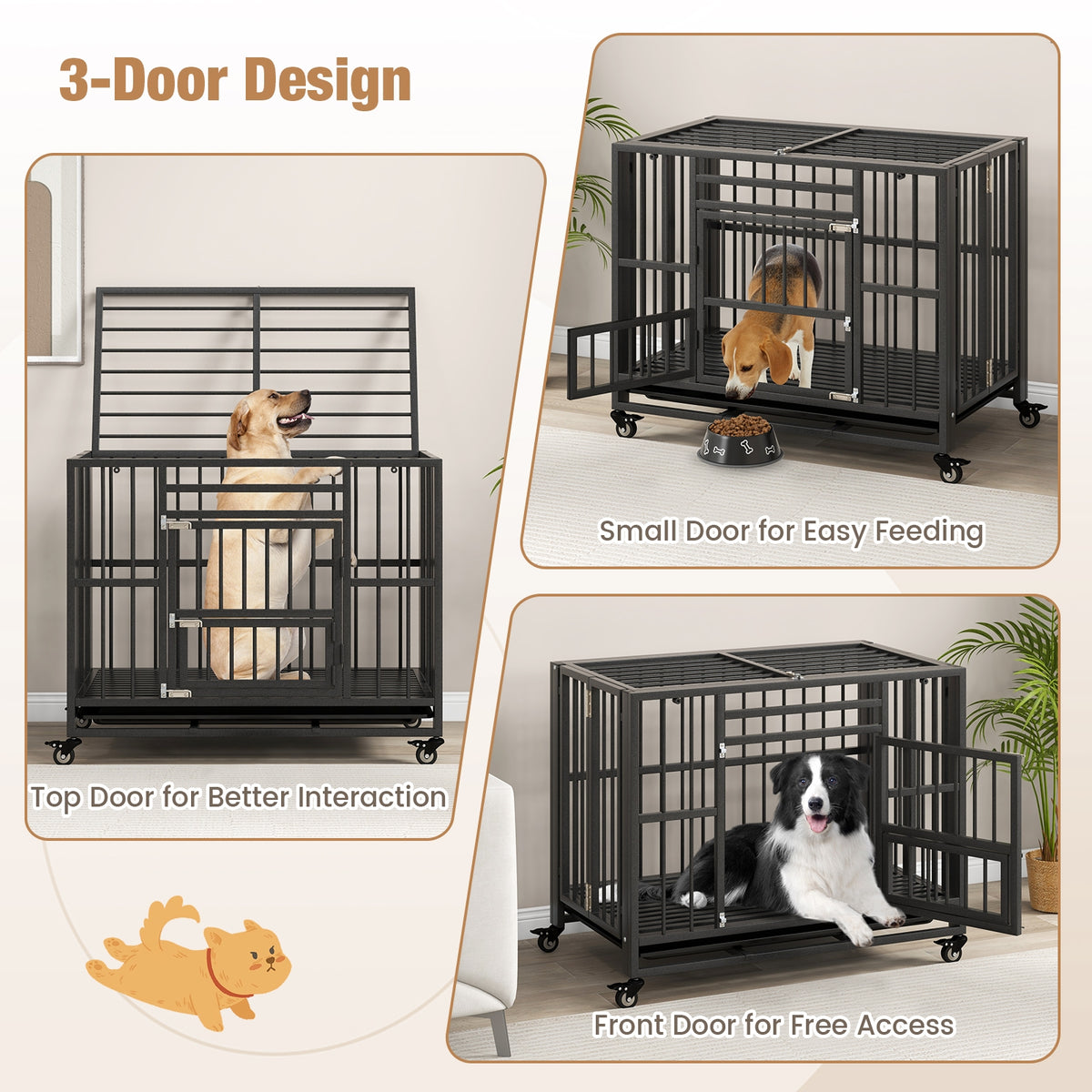 Foldable Heavy-Duty Metal Dog Cage Chew-proof Dog Crate with Lockable Universal Wheels-Dog Kennels-DECOROLALA