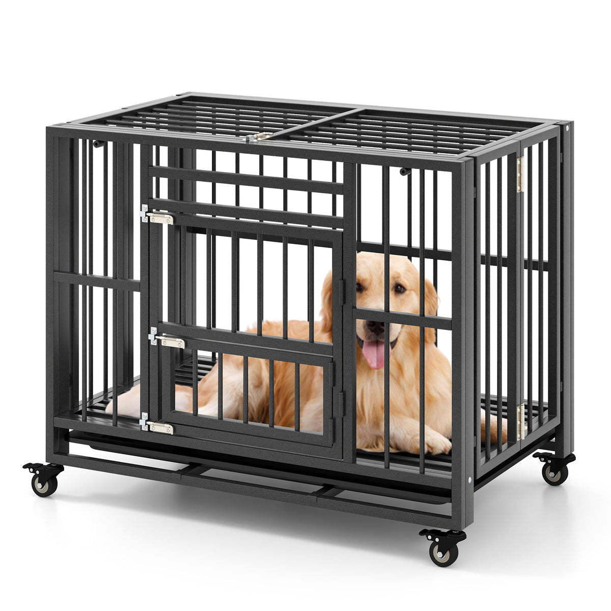 Foldable Heavy-Duty Metal Dog Cage Chew-proof Dog Crate with Lockable Universal Wheels-Dog Kennels-DECOROLALA