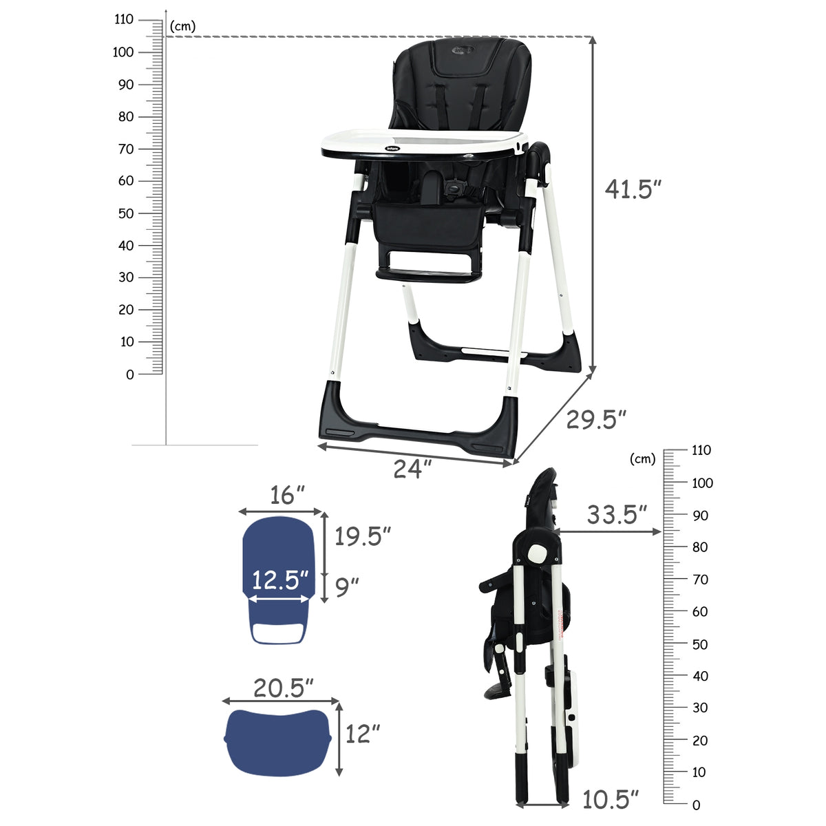 Foldable High chair with Multiple Adjustable Backrest-Black-High Chairs-DECOROLALA
