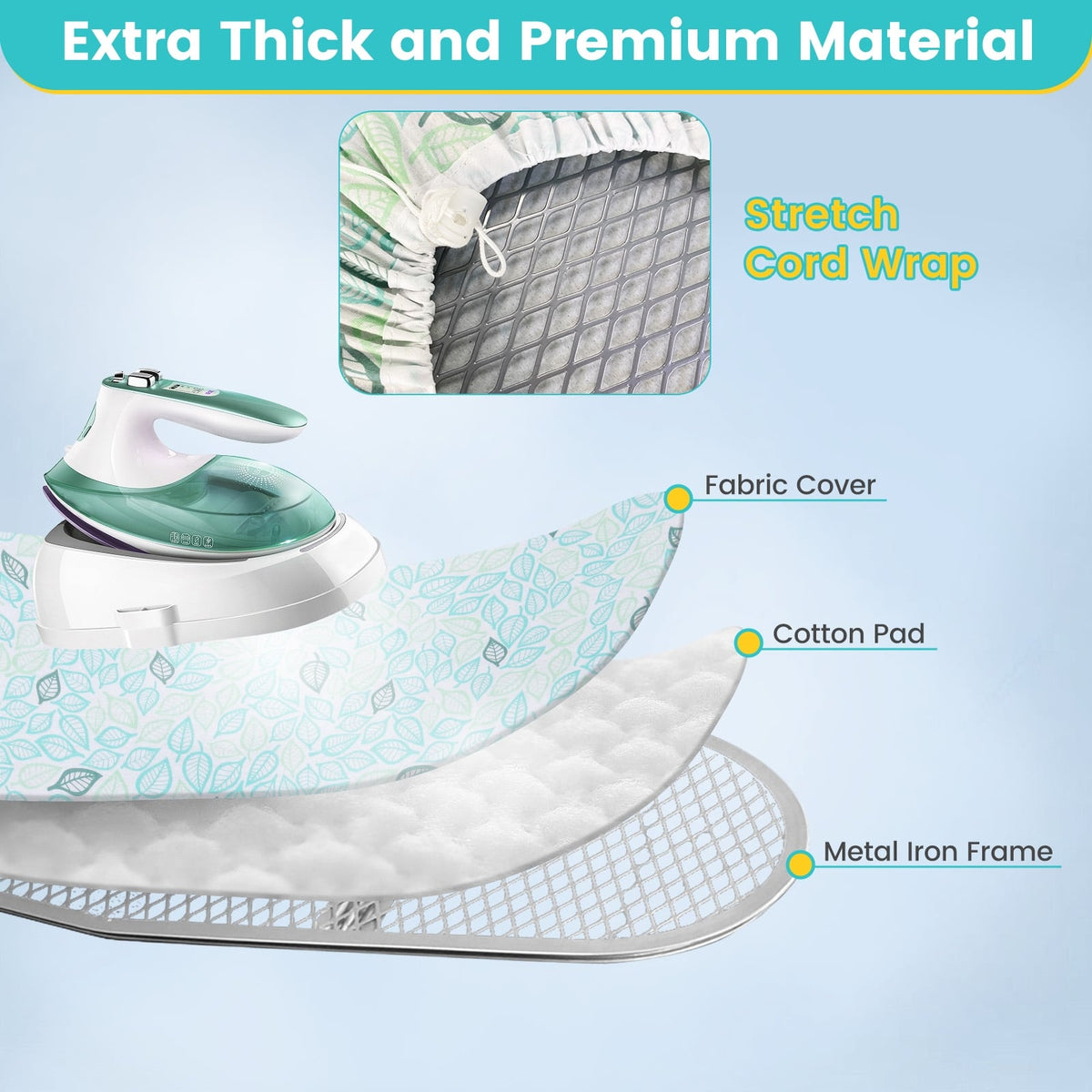 Foldable Ironing Board with Iron Rest, Adjustable Height - Turquoise-Dryers-DECOROLALA
