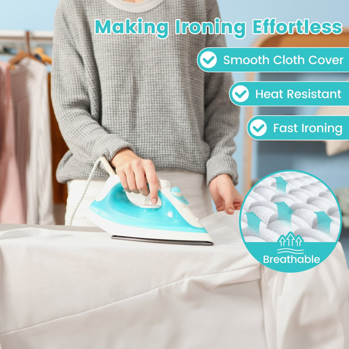 Foldable Ironing Board with Iron Rest, Adjustable Height - Turquoise-Dryers-DECOROLALA