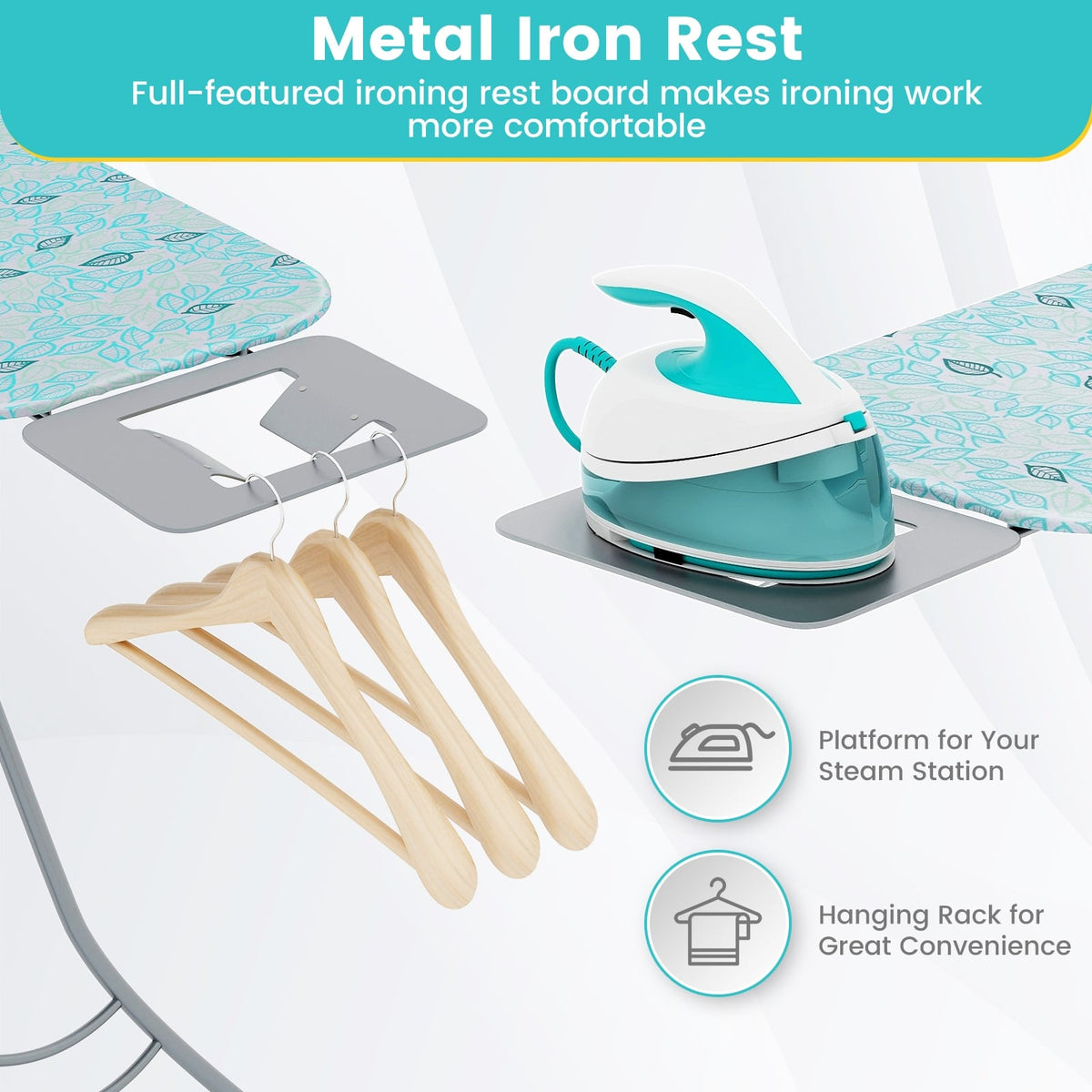 Foldable Ironing Board with Iron Rest, Adjustable Height - Turquoise-Dryers-DECOROLALA