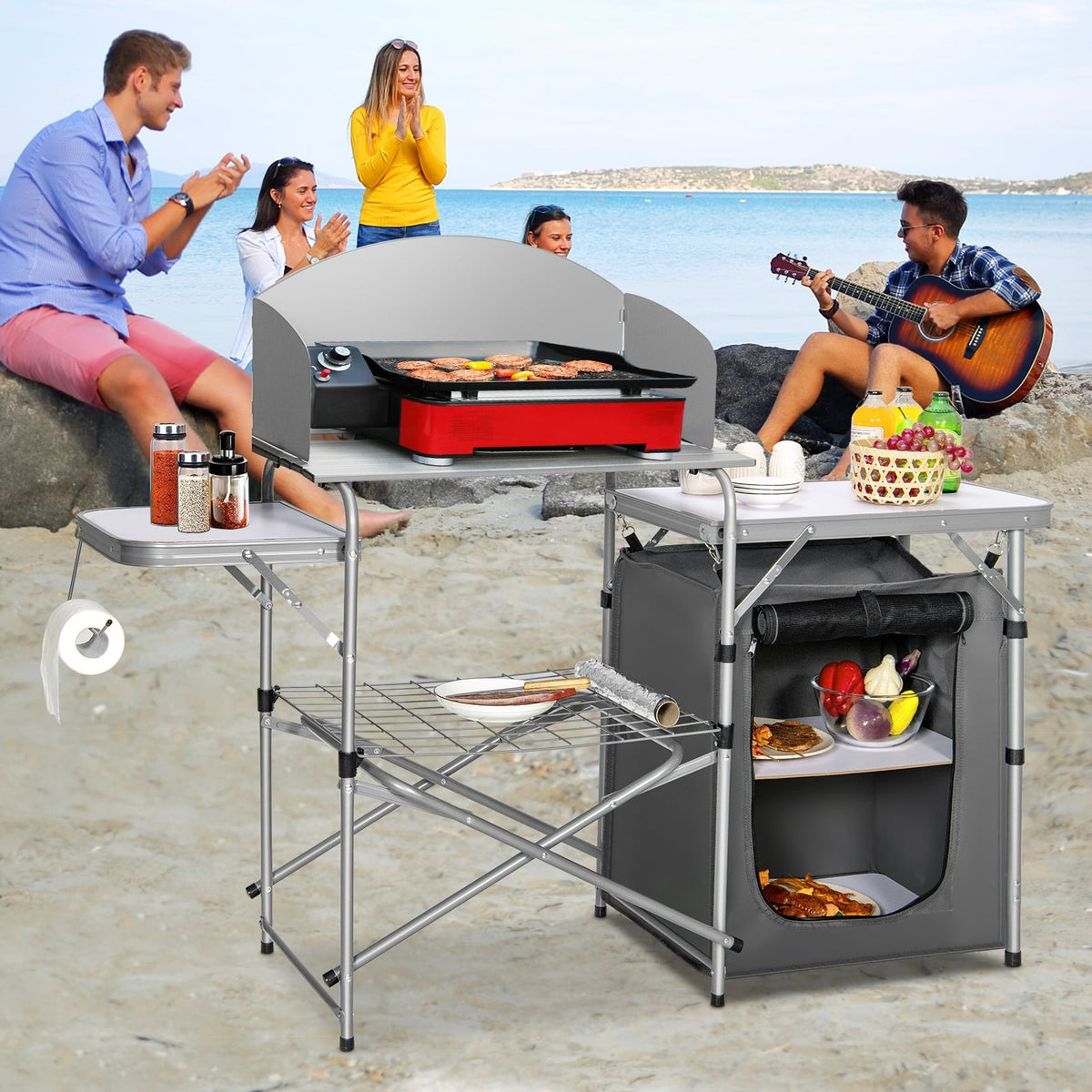 Foldable Outdoor BBQ Portable Grilling Table With Windscreen Bag-Gray-Camping Furniture-DECOROLALA