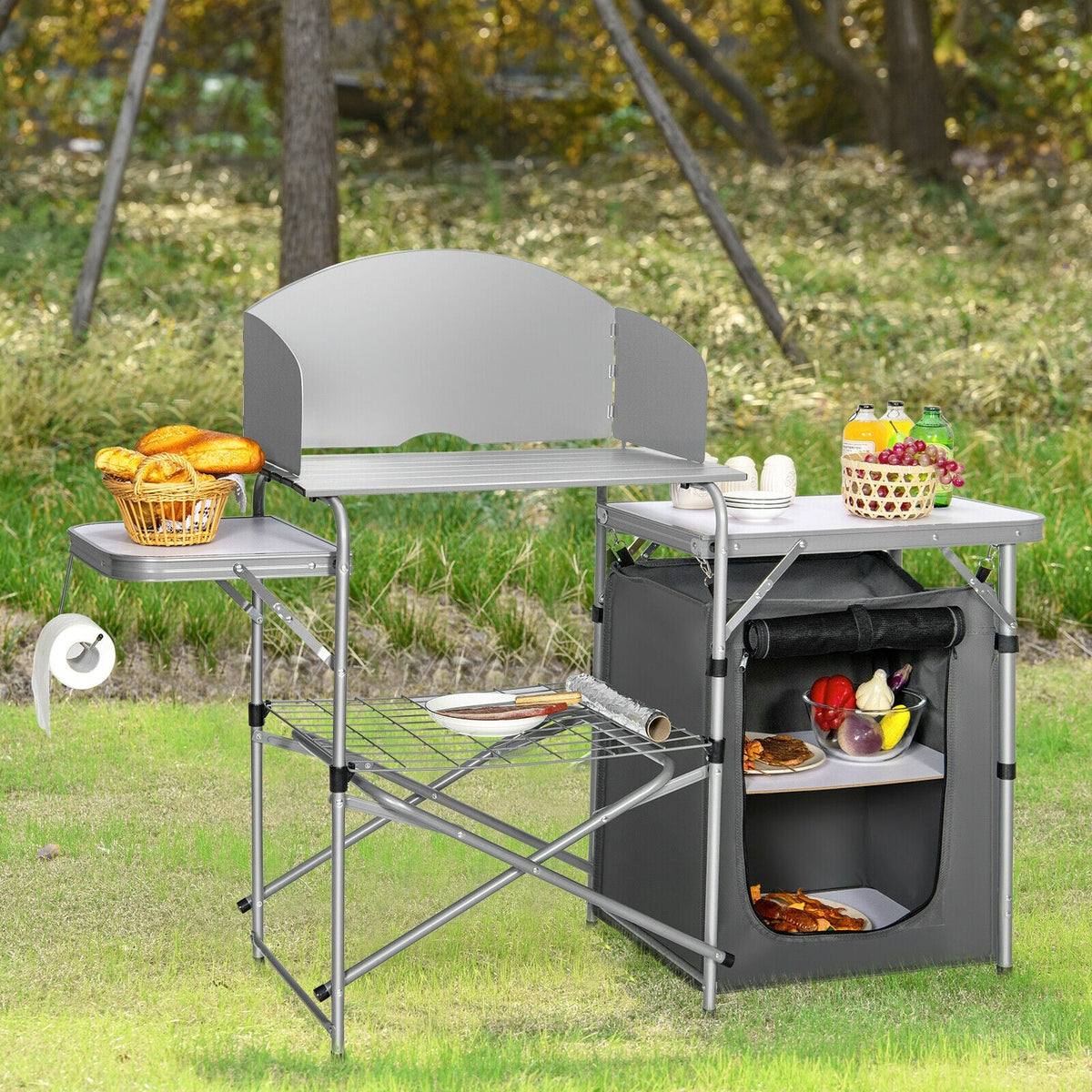 Foldable Outdoor BBQ Portable Grilling Table With Windscreen Bag-Gray-Camping Furniture-DECOROLALA