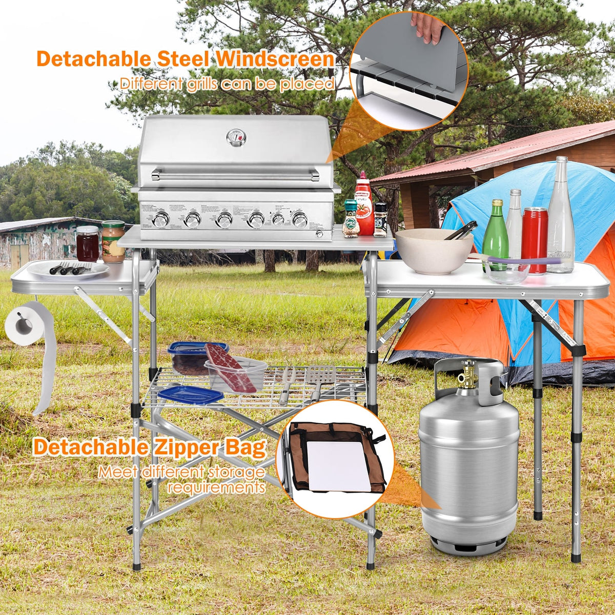 Foldable Outdoor BBQ Portable Grilling Table With Windscreen Bag-Gray-Camping Furniture-DECOROLALA