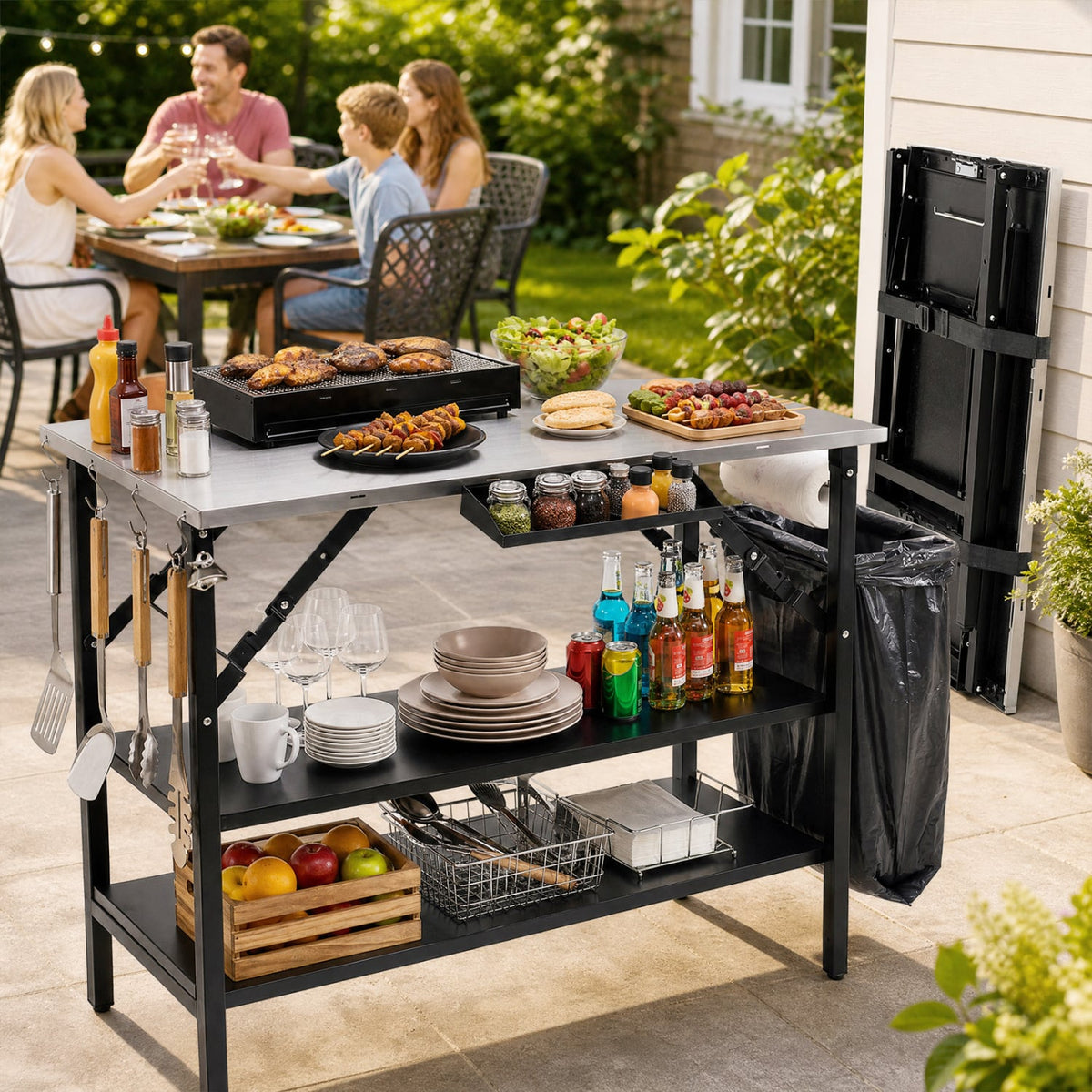 Foldable Outdoor Cook Station with Removable Shelves & Trash Bag Holder for Camping-Black-Outdoor Grills-DECOROLALA