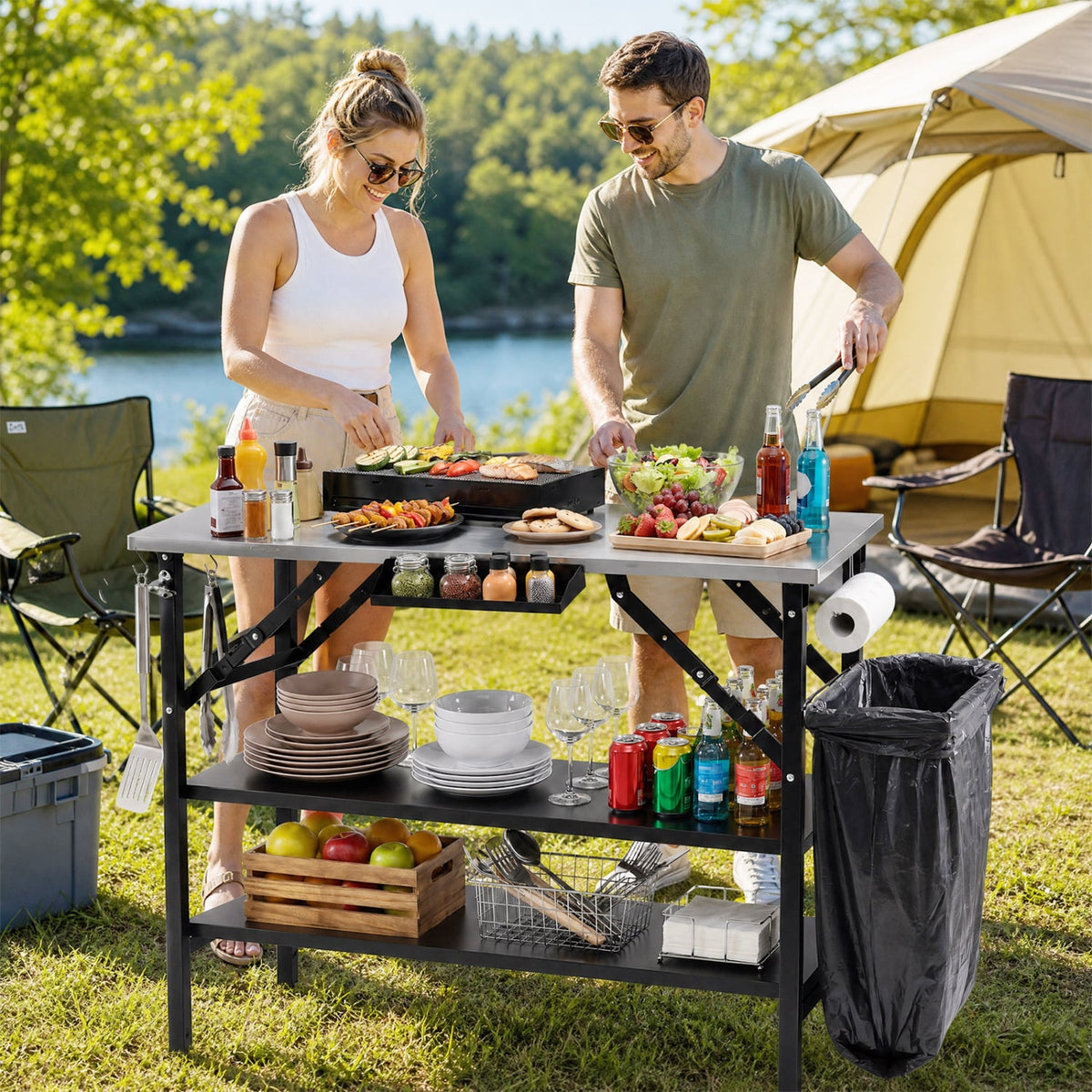 Foldable Outdoor Cook Station with Removable Shelves & Trash Bag Holder for Camping-Black-Outdoor Grills-DECOROLALA