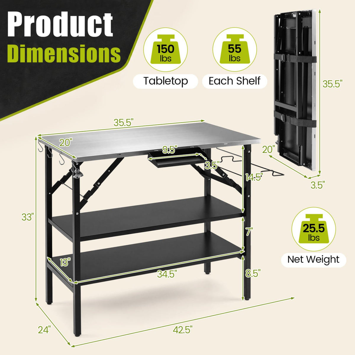 Foldable Outdoor Cook Station with Removable Shelves & Trash Bag Holder for Camping-Black-Outdoor Grills-DECOROLALA