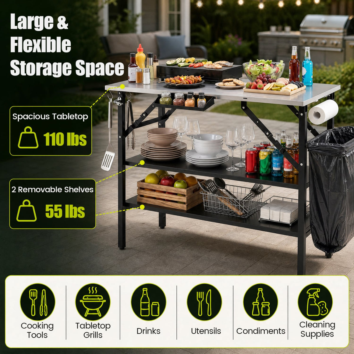 Foldable Outdoor Cook Station with Removable Shelves & Trash Bag Holder for Camping-Black-Outdoor Grills-DECOROLALA