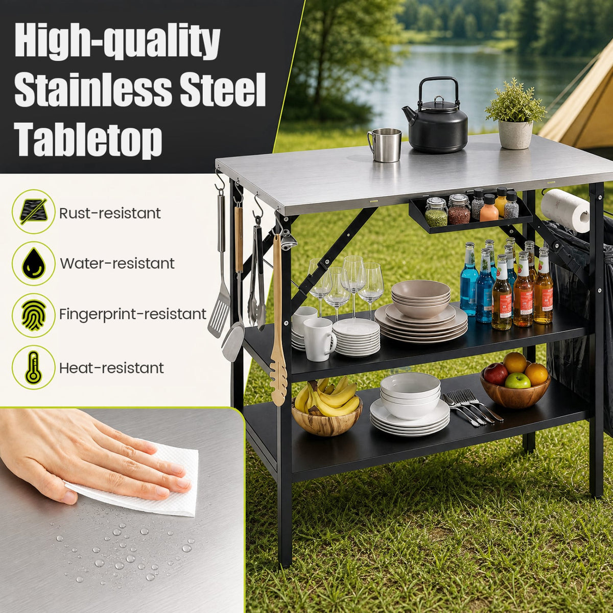 Foldable Outdoor Cook Station with Removable Shelves & Trash Bag Holder for Camping-Black-Outdoor Grills-DECOROLALA