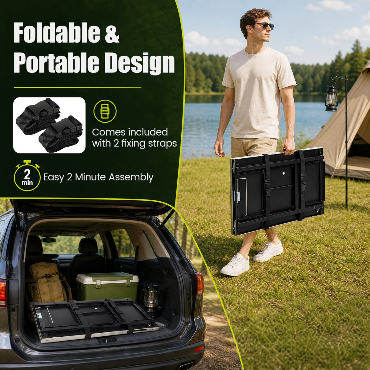 Foldable Outdoor Cook Station with Removable Shelves & Trash Bag Holder for Camping-Black-Outdoor Grills-DECOROLALA