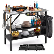 Foldable Outdoor Cook Station with Removable Shelves & Trash Bag Holder for Camping-Black-Outdoor Grills-DECOROLALA