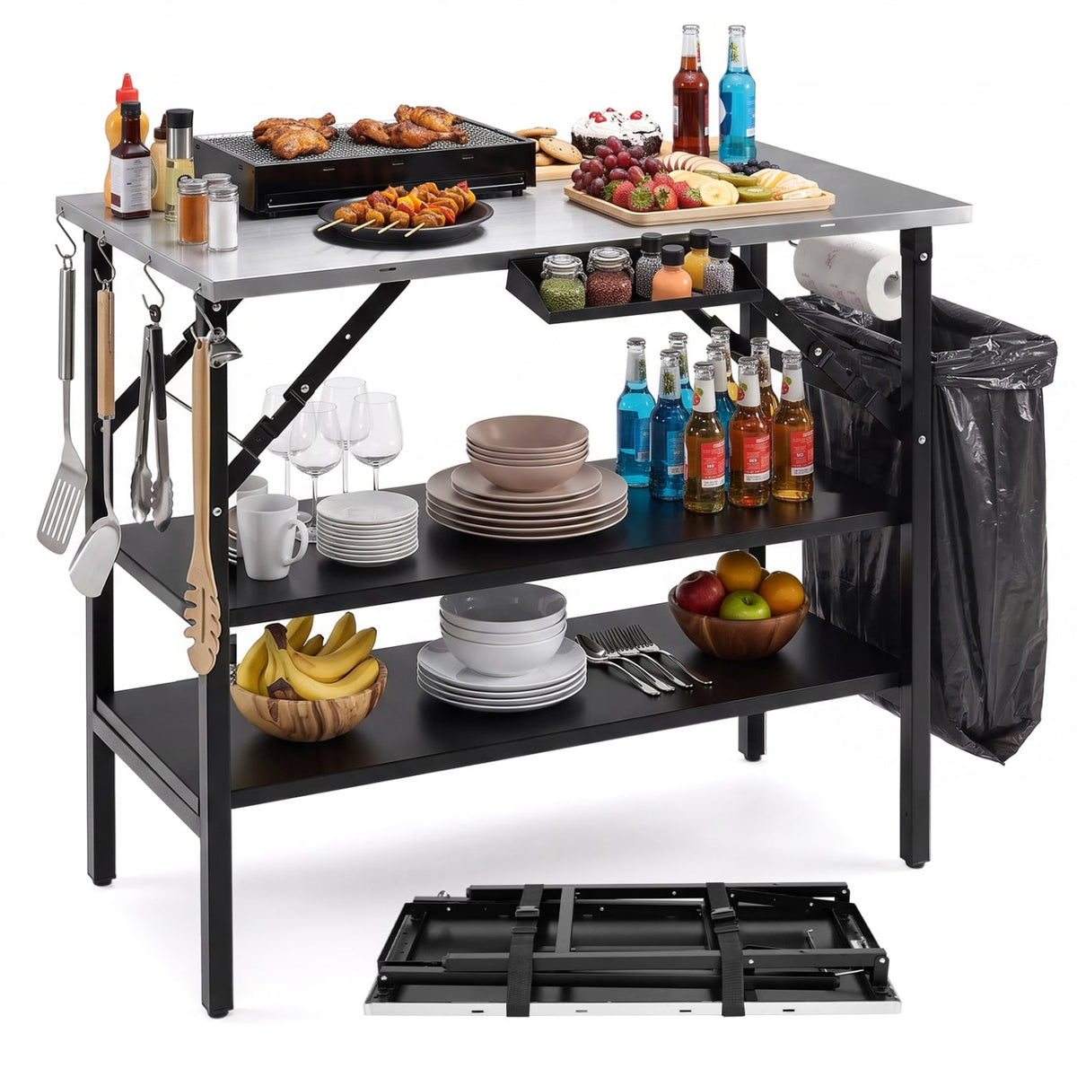 Foldable Outdoor Cook Station with Removable Shelves & Trash Bag Holder for Camping-Black-Outdoor Grills-DECOROLALA