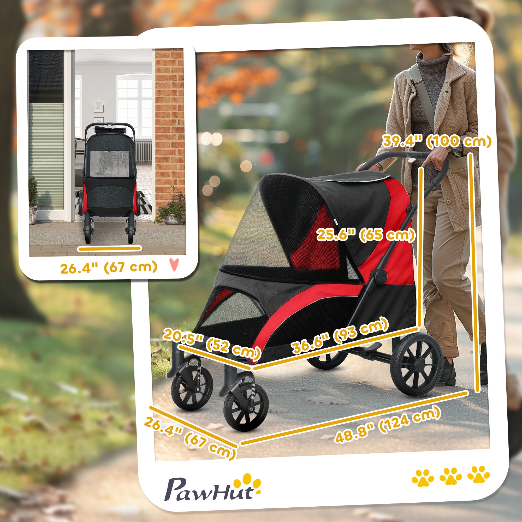 Foldable Pet Stroller for Medium Dogs with Four Big Wheels, Shock-Absorbing Frame, Safety Leashes, Brakes, Black-Dogs-DECOROLALA