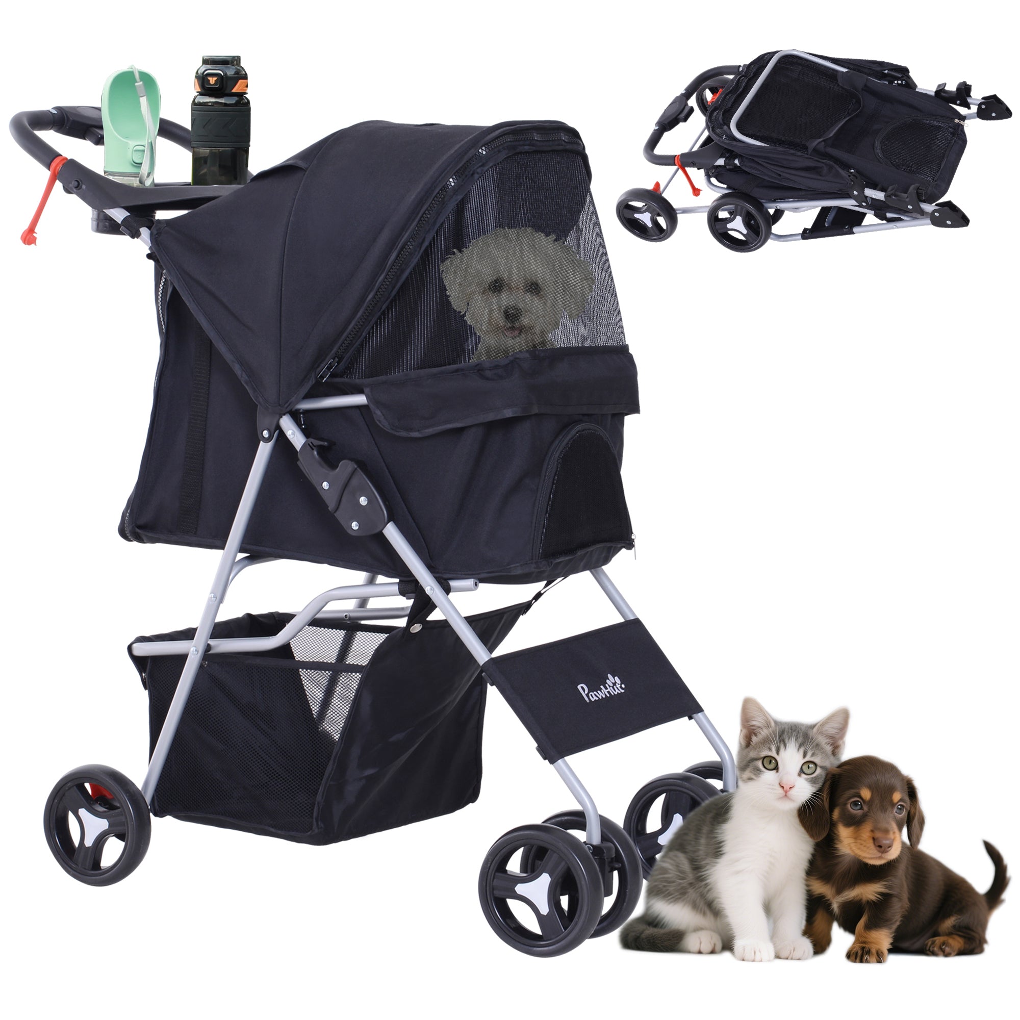 Foldable Pet Stroller for Small Dogs and Cats - Black-Dogs-DECOROLALA