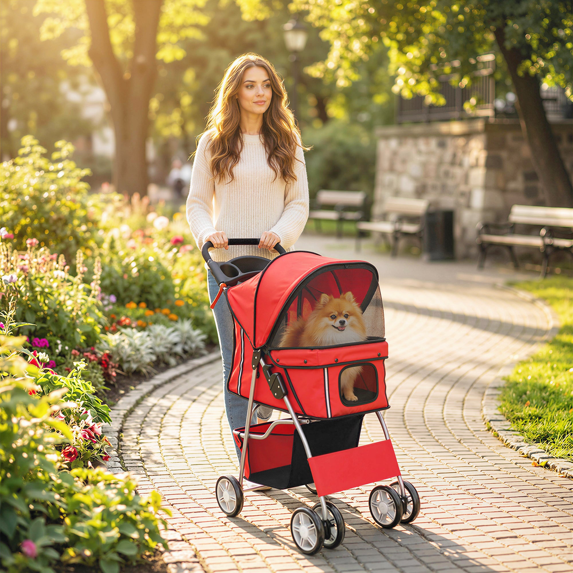 Foldable Pet Stroller for Small Dogs and Cats - Red 22lbs Capacity-Dogs-DECOROLALA
