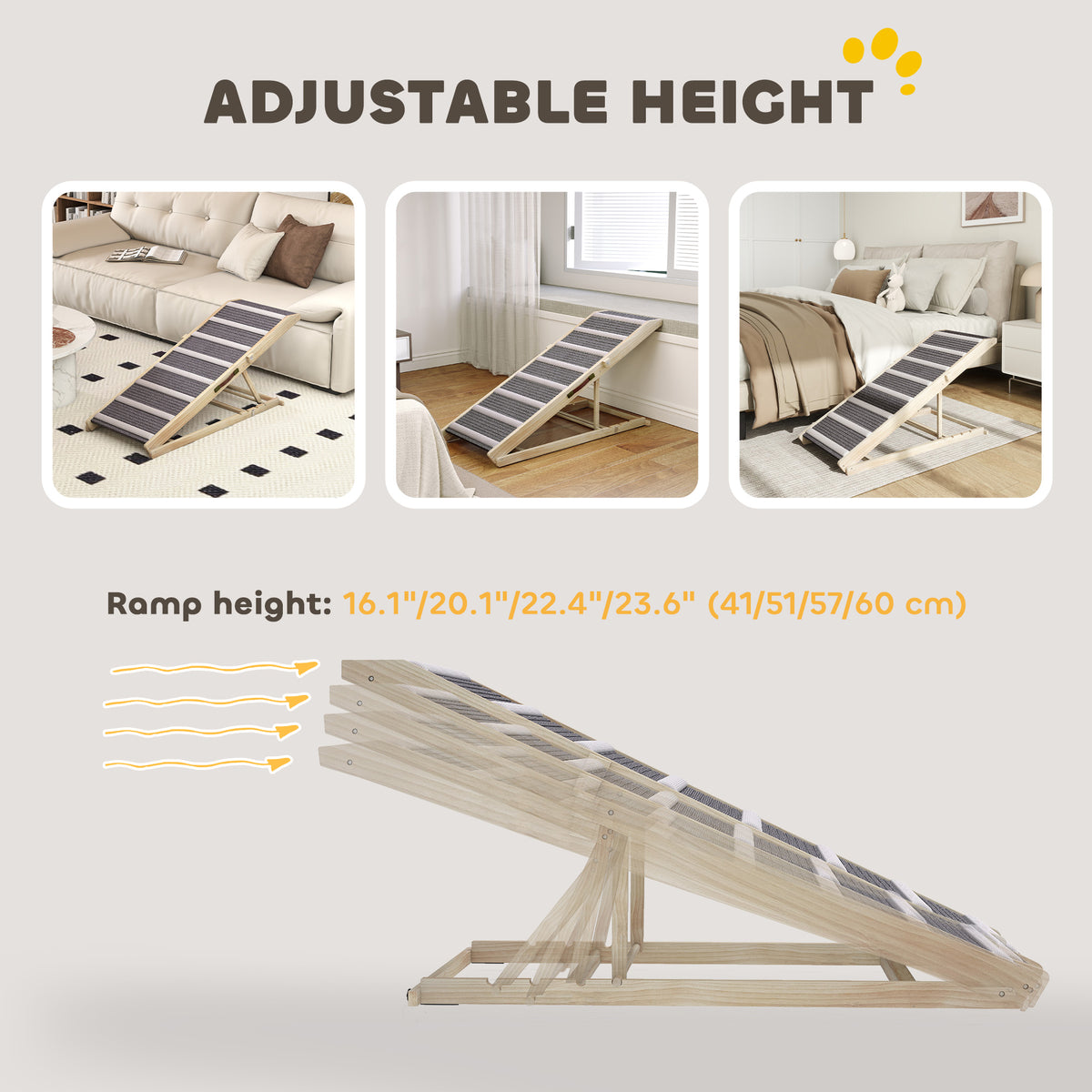 Foldable Pine Wood Dog Ramp - Adjustable Height 16"-23.6" Natural-Dogs-DECOROLALA