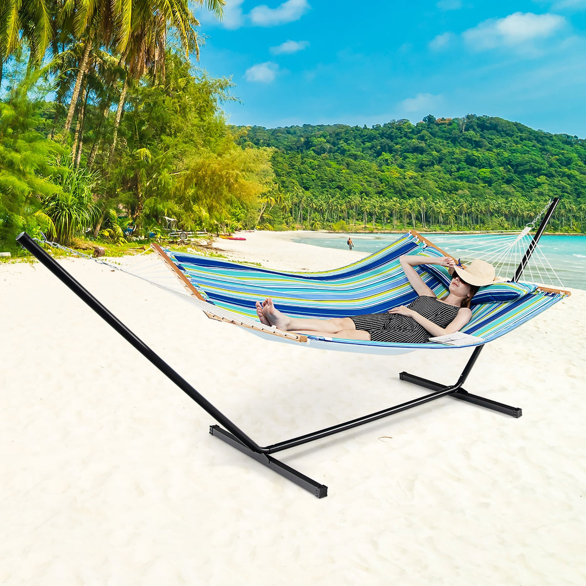 Foldable Portable Patio Hammock Swing Chair Bed with Detachable Pillow-Hammocks-DECOROLALA