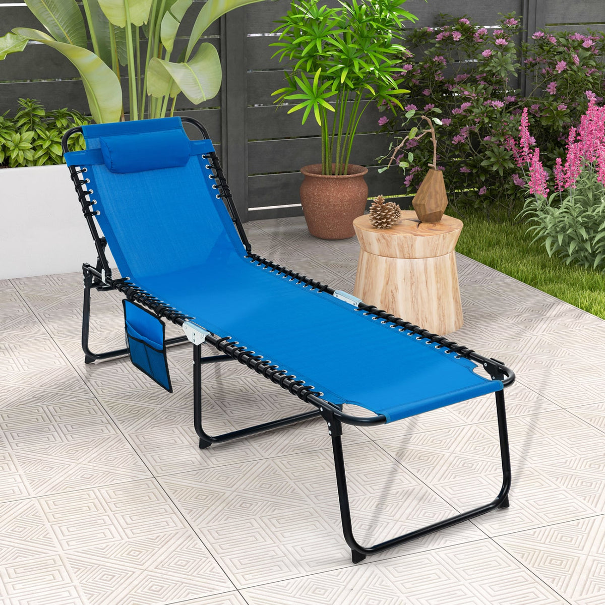 Foldable Recline Lounge Chair with Adjustable Backrest and Footrest-Blue-Outdoor Chaise Lounges-DECOROLALA