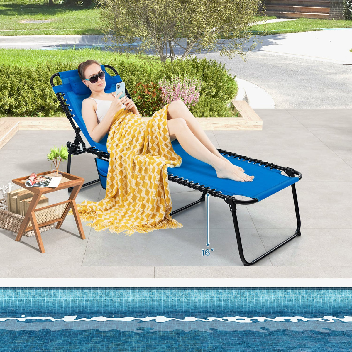 Foldable Recline Lounge Chair with Adjustable Backrest and Footrest-Blue-Outdoor Chaise Lounges-DECOROLALA