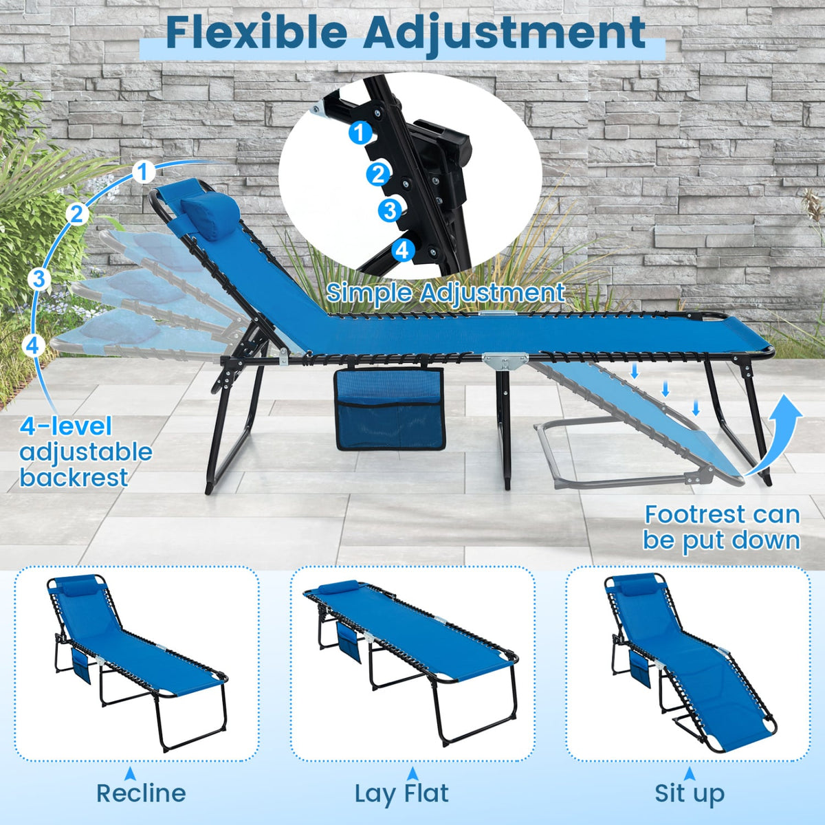 Foldable Recline Lounge Chair with Adjustable Backrest and Footrest-Blue-Outdoor Chaise Lounges-DECOROLALA