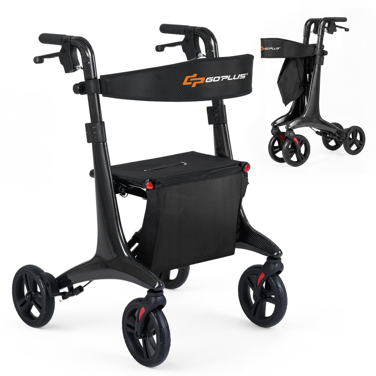 Foldable Rollator Rolling Walker with Seat for Seniors-Black-Walkers & Rollators-DECOROLALA