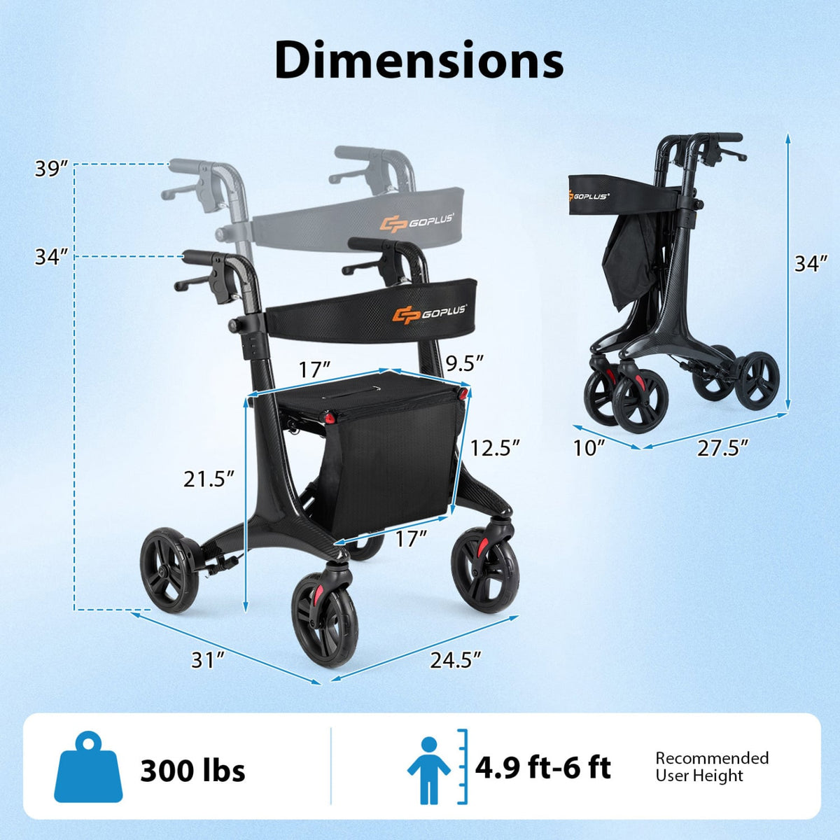 Foldable Rollator Rolling Walker with Seat for Seniors-Black-Walkers & Rollators-DECOROLALA