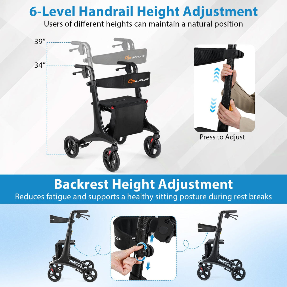 Foldable Rollator Rolling Walker with Seat for Seniors-Black-Walkers & Rollators-DECOROLALA