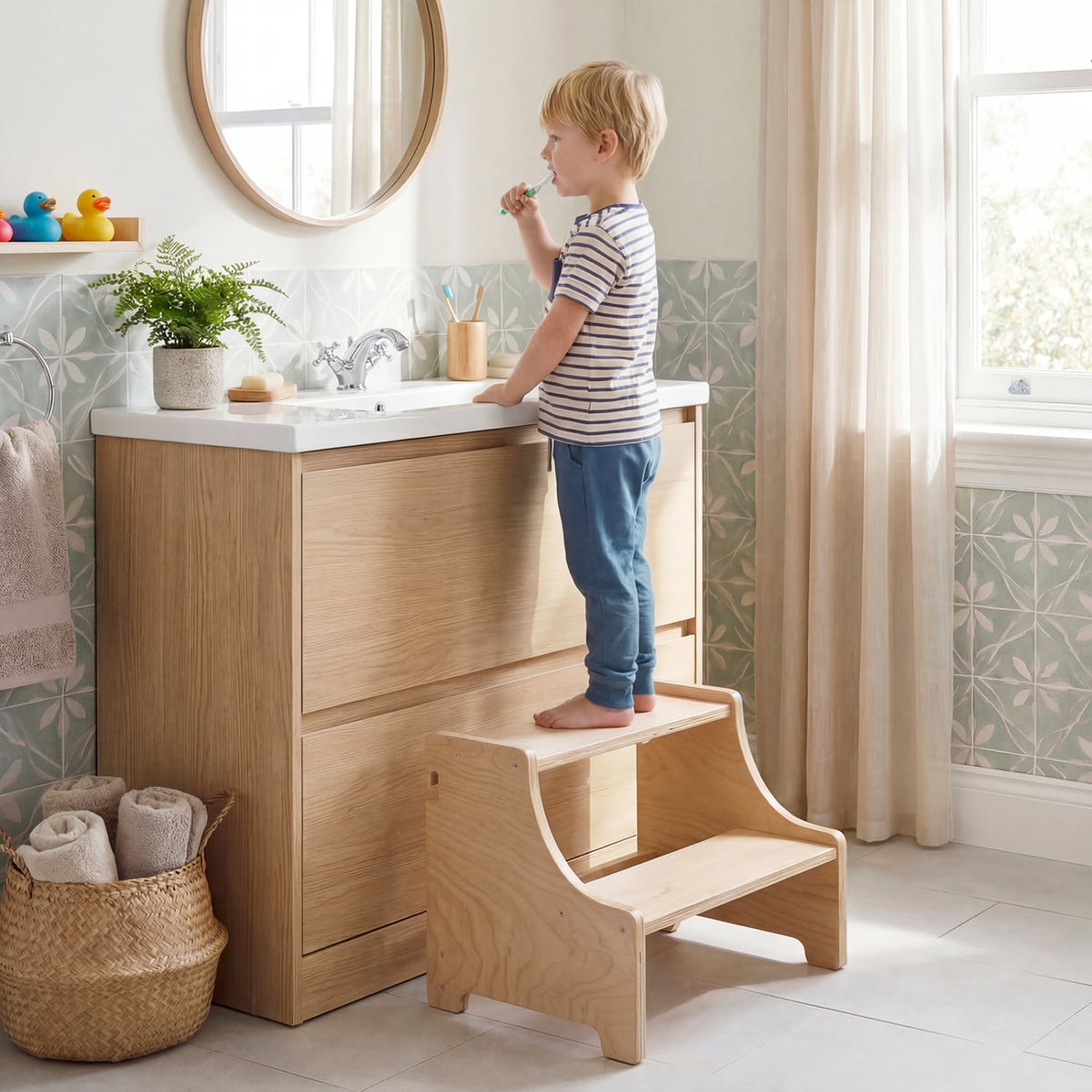 Foldable Toddler Step Stool Wooden Kitchen Standing Tower with 2-Step Stool-Toddler & Kids Furniture-DECOROLALA