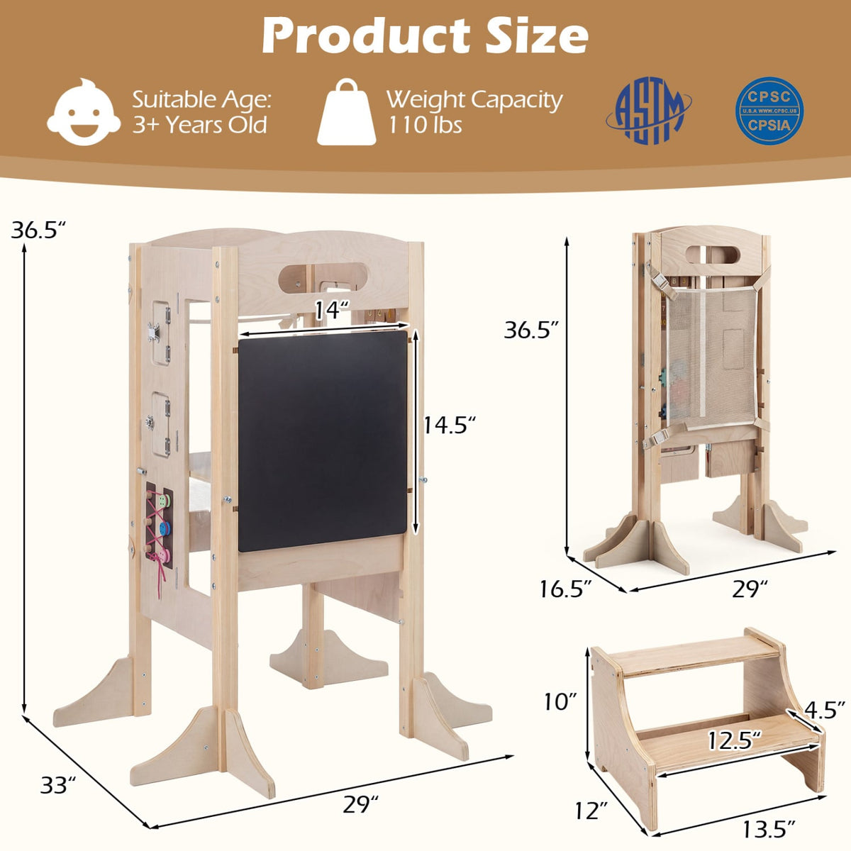 Foldable Toddler Step Stool Wooden Kitchen Standing Tower with 2-Step Stool-Toddler & Kids Furniture-DECOROLALA