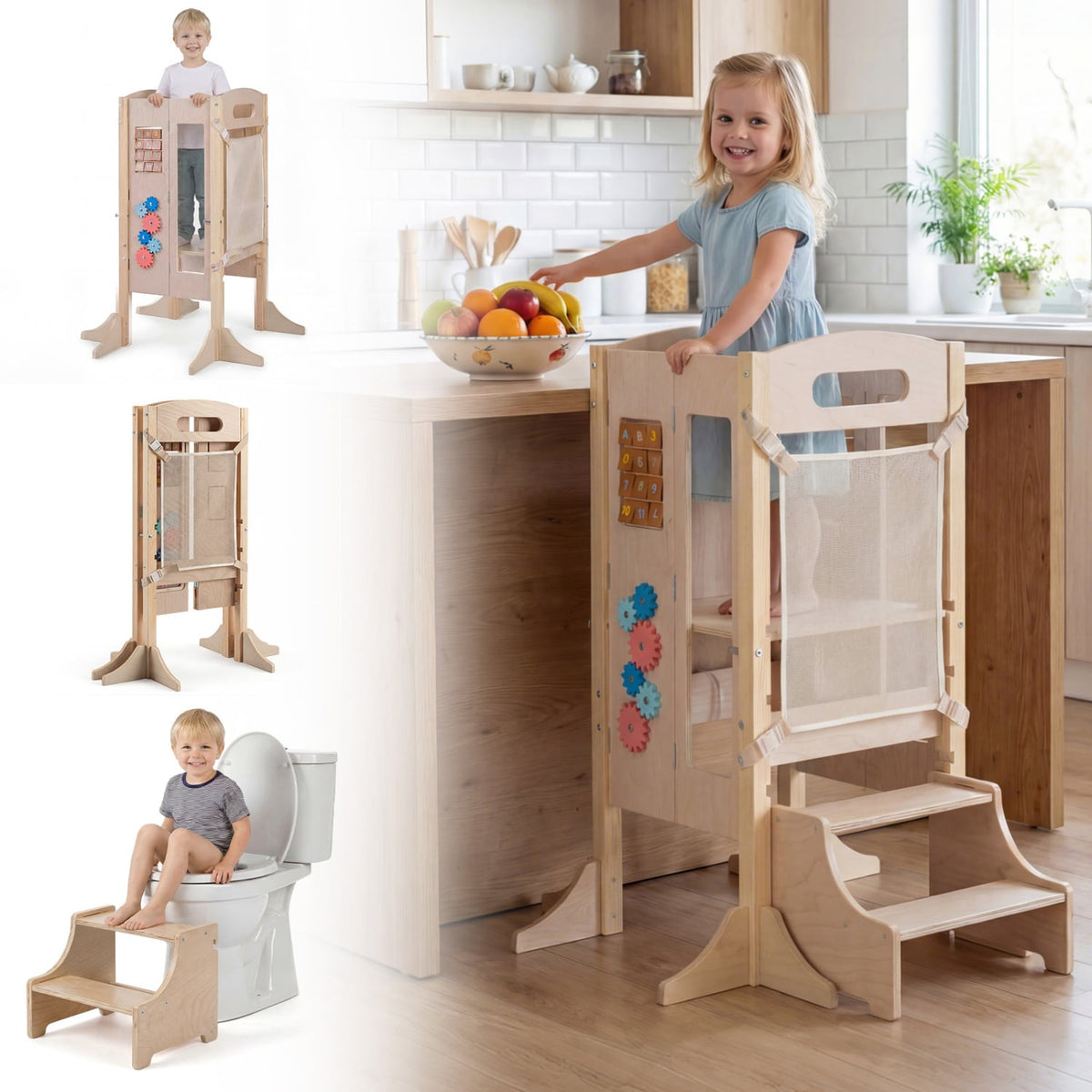 Foldable Toddler Step Stool Wooden Kitchen Standing Tower with 2-Step Stool-Toddler & Kids Furniture-DECOROLALA