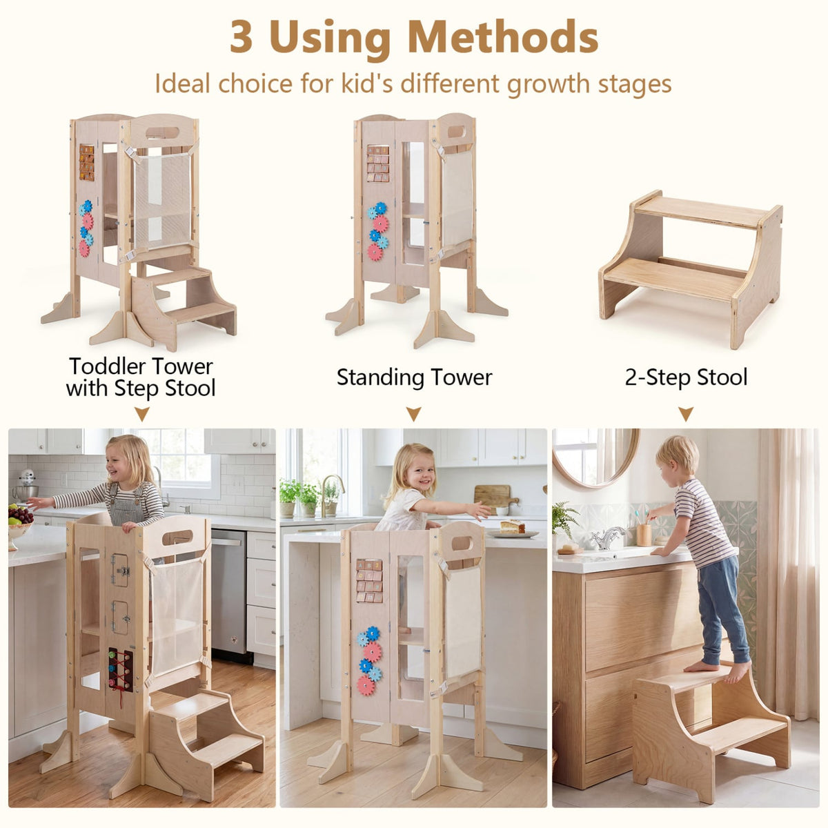 Foldable Toddler Step Stool Wooden Kitchen Standing Tower with 2-Step Stool-Toddler & Kids Furniture-DECOROLALA