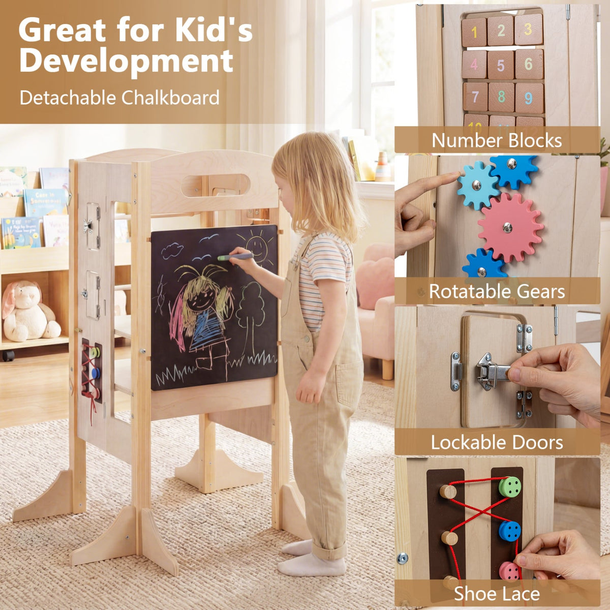 Foldable Toddler Step Stool Wooden Kitchen Standing Tower with 2-Step Stool-Toddler & Kids Furniture-DECOROLALA