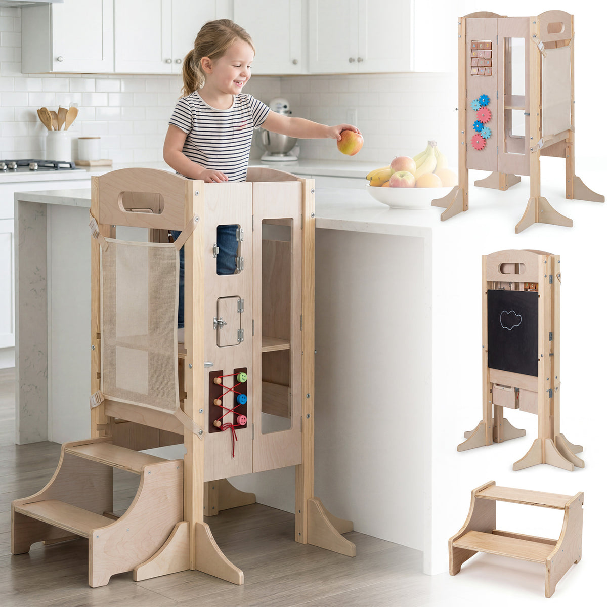 Foldable Toddler Step Stool Wooden Kitchen Standing Tower with 2-Step Stool-Toddler & Kids Furniture-DECOROLALA