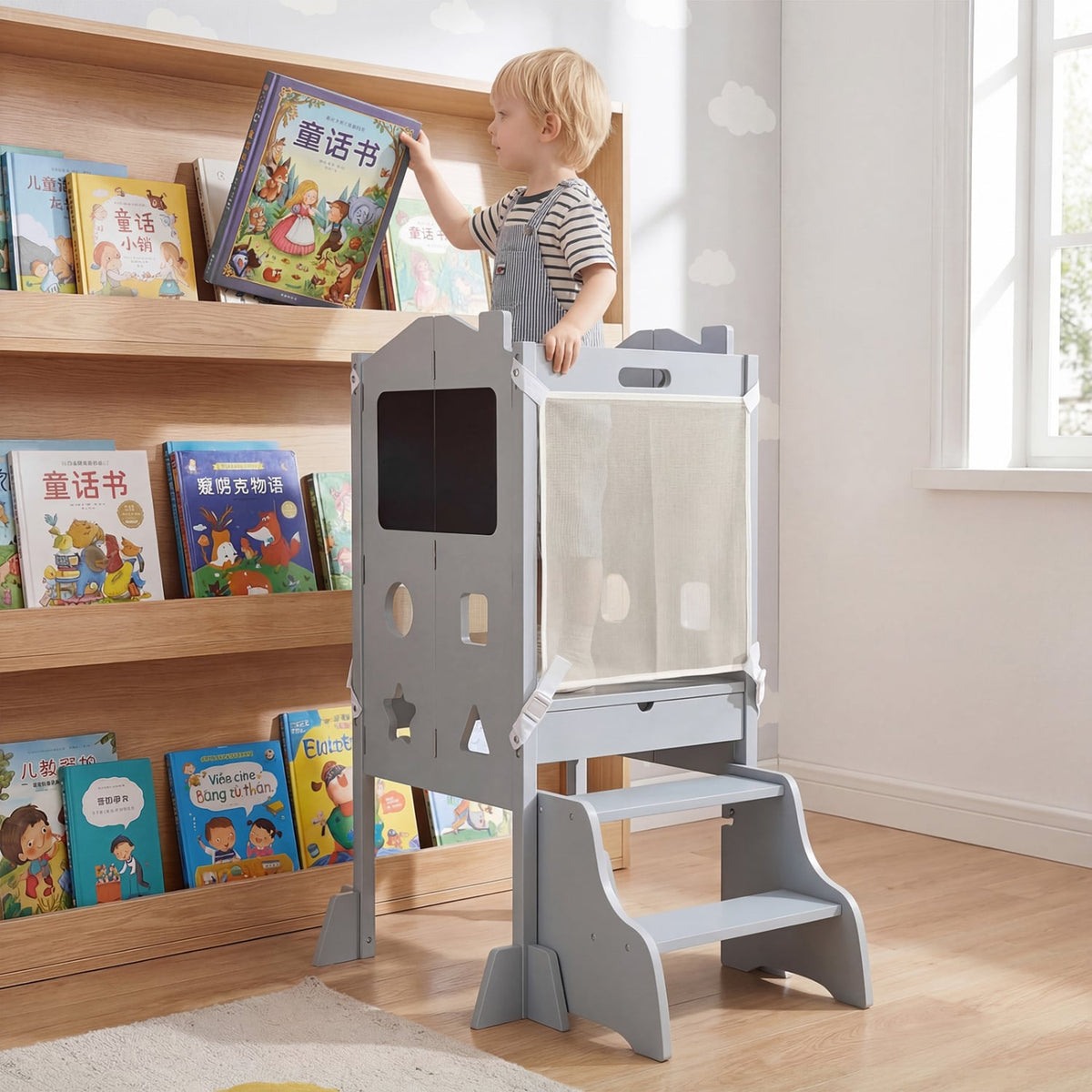 Foldable Toddler Step Stool with Chalkboards 2-Step Stool-Gray-Nursery Furniture-DECOROLALA