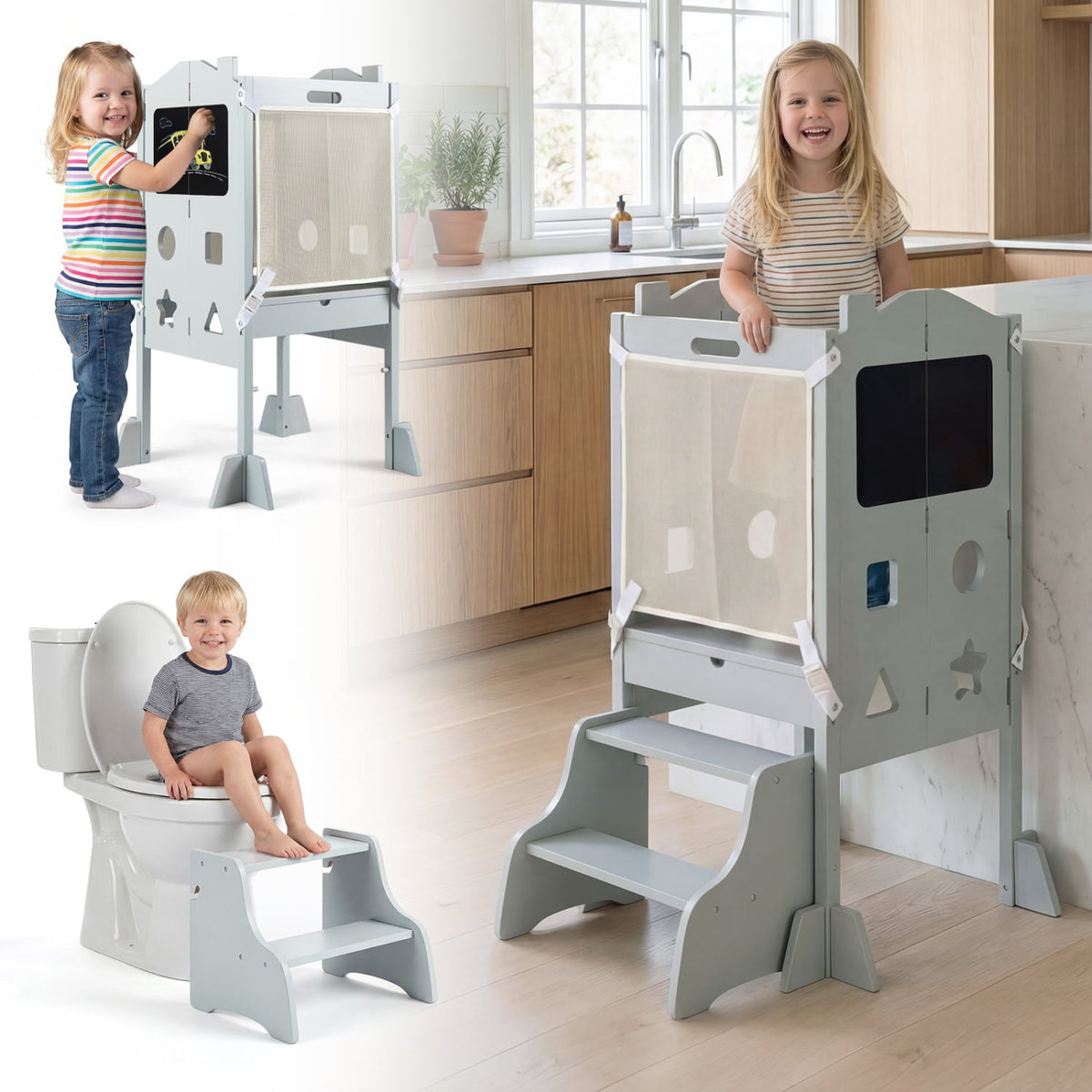 Foldable Toddler Step Stool with Chalkboards 2-Step Stool-Gray-Nursery Furniture-DECOROLALA