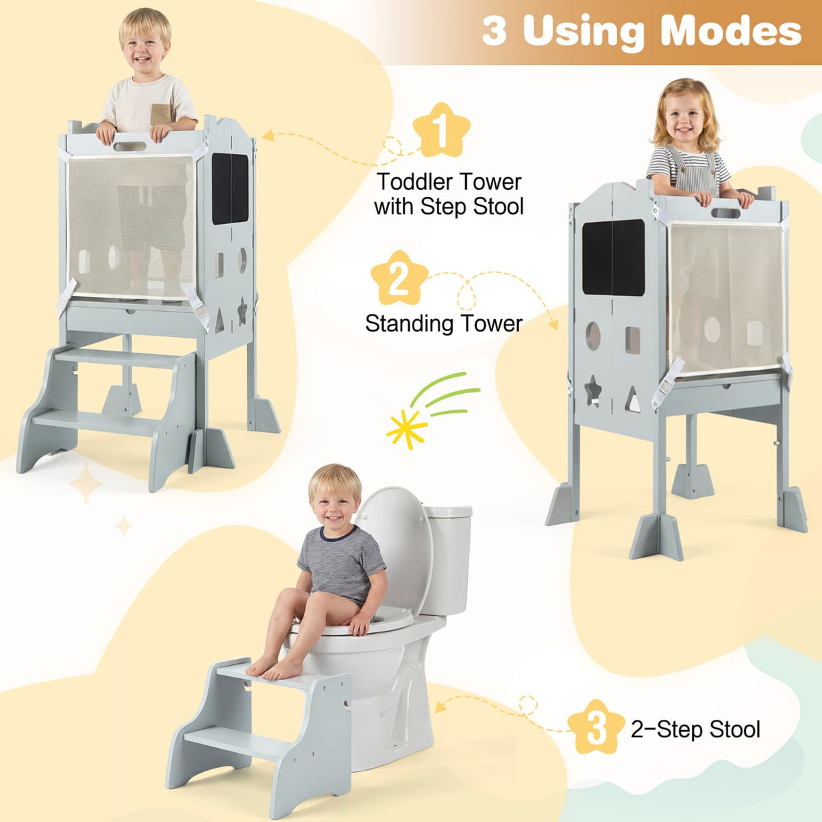 Foldable Toddler Step Stool with Chalkboards 2-Step Stool-Gray-Nursery Furniture-DECOROLALA