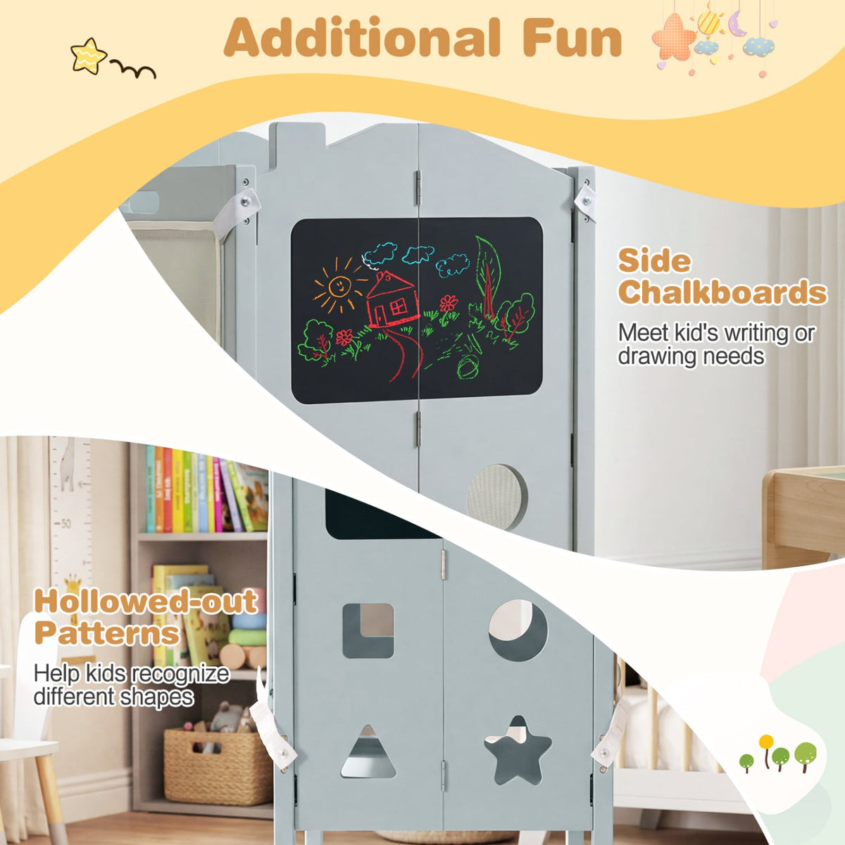 Foldable Toddler Step Stool with Chalkboards 2-Step Stool-Gray-Nursery Furniture-DECOROLALA