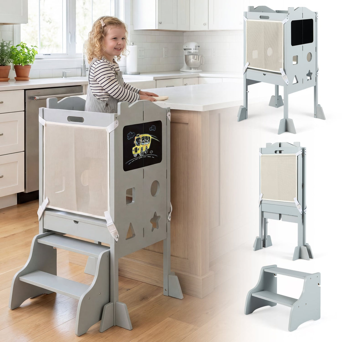 Foldable Toddler Step Stool with Chalkboards 2-Step Stool-Gray-Nursery Furniture-DECOROLALA