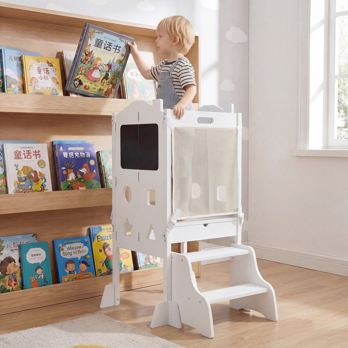 Foldable Toddler Step Stool with Chalkboards 2-Step Stool-White-Nursery Furniture-DECOROLALA