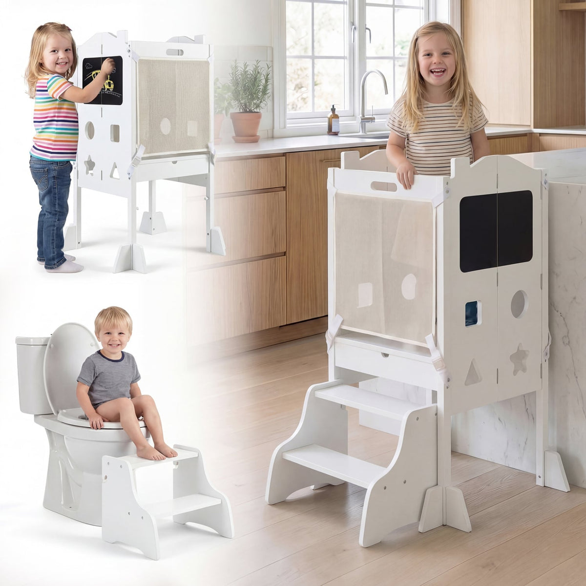 Foldable Toddler Step Stool with Chalkboards 2-Step Stool-White-Nursery Furniture-DECOROLALA