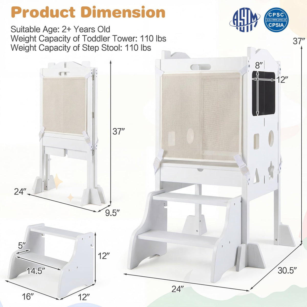 Foldable Toddler Step Stool with Chalkboards 2-Step Stool-White-Nursery Furniture-DECOROLALA