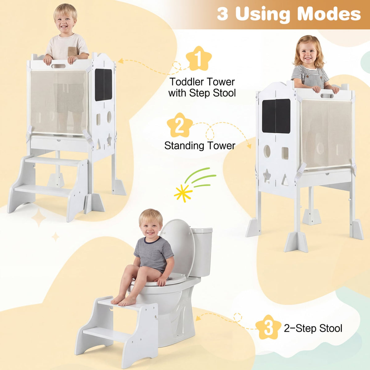 Foldable Toddler Step Stool with Chalkboards 2-Step Stool-White-Nursery Furniture-DECOROLALA