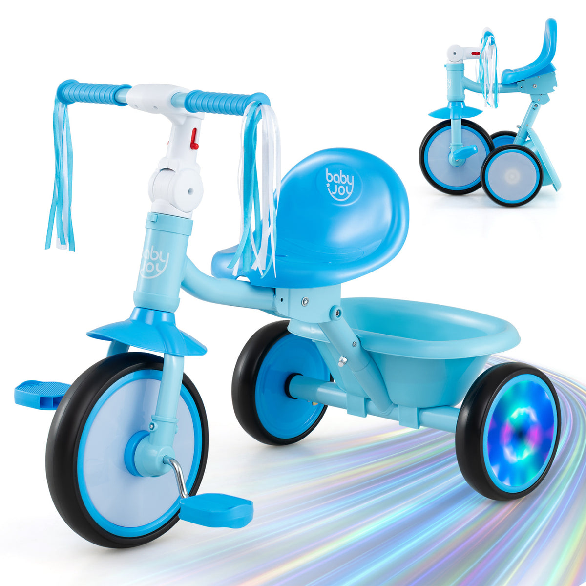 Tricycle pliable pour tout-petits avec roues lumineuses et panier, de 2 à 5 ans