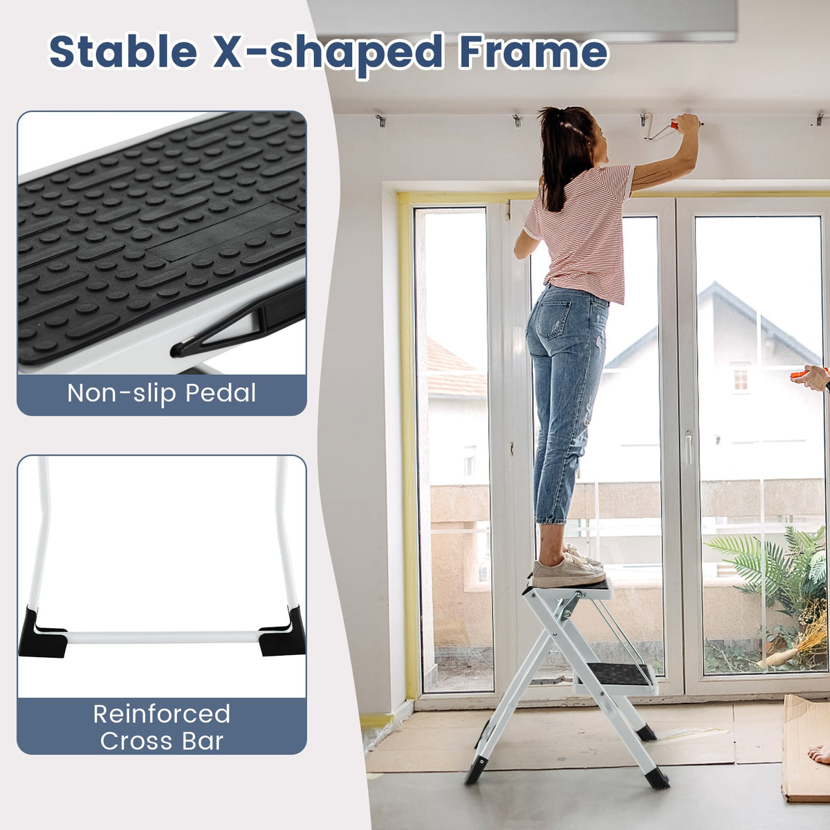 Folding 2 Step Ladder wiht Anti-Slip Pedal and Large Foot Pads-Black & White-Ladders-DECOROLALA