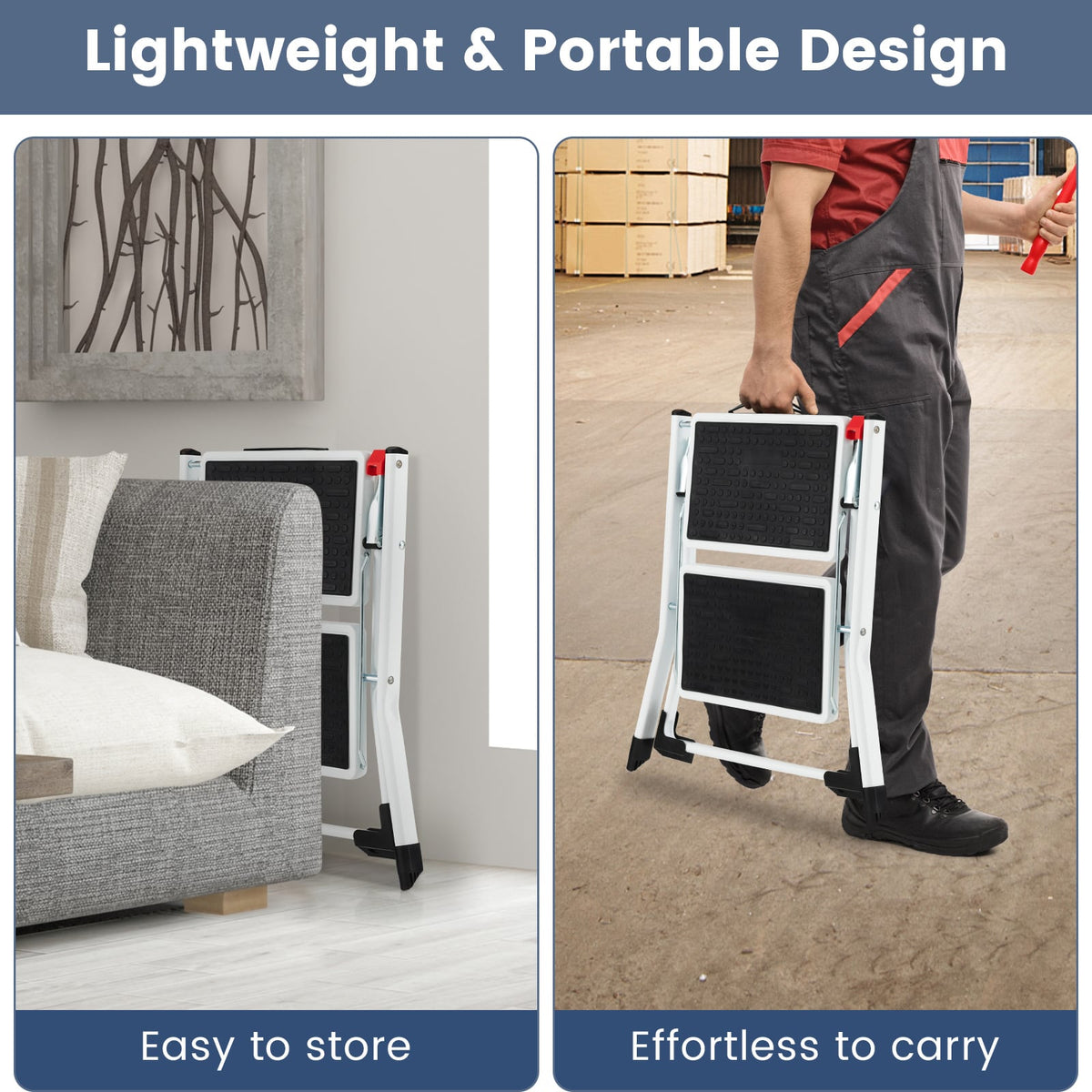 Folding 2 Step Ladder wiht Anti-Slip Pedal and Large Foot Pads-Black & White-Ladders-DECOROLALA