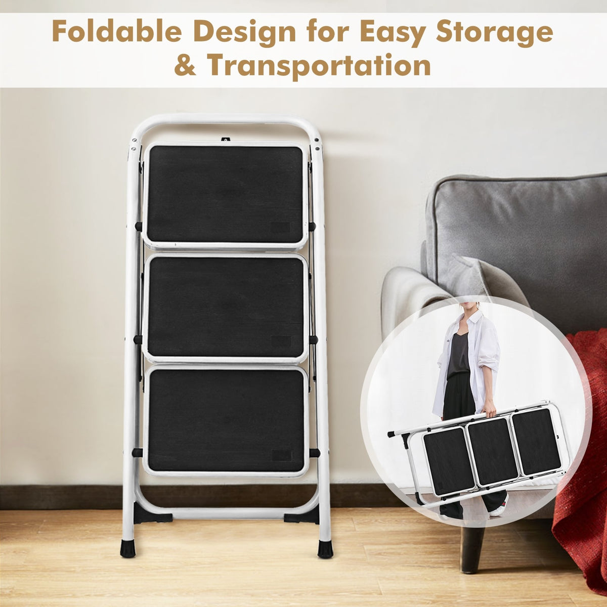 Folding 3-Step Ladder with Handgrip and Anti-Slip Platform-Ladders-DECOROLALA