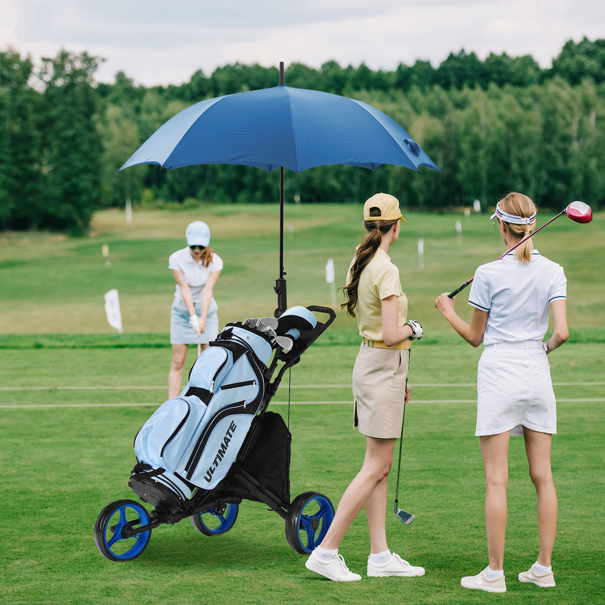 Folding 3 Wheels Golf Push Cart with Bag Scoreboard Adjustable Handle-Blue-Golf-DECOROLALA